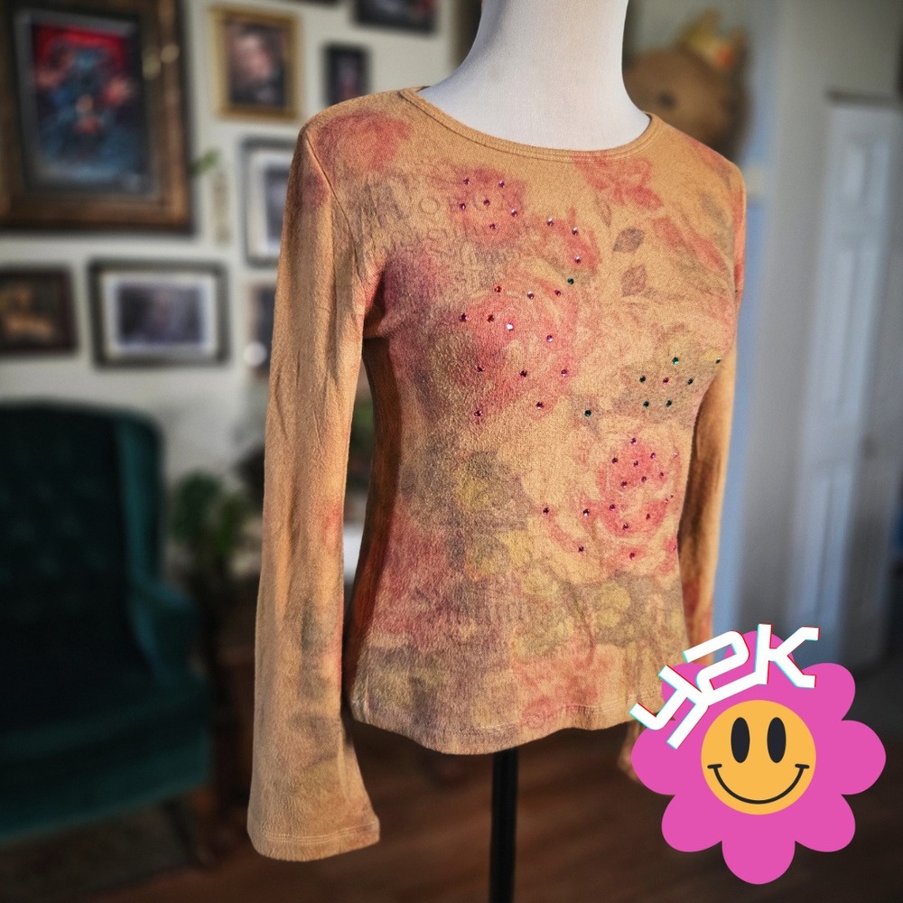 213 Floral Long Sleeve Top Tan Pink Rhinestone Vintage Y2K Fairycore Grunge S